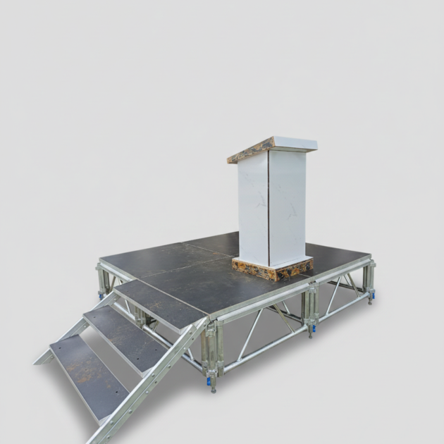Professional modular metallic stage with a black surface and an elegant white marble-effect podium with gold trim.