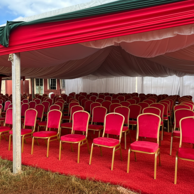 Rows of high-quality red VIP banquet chairs with gold frames and padded cushions arranged for an executive funeral service.