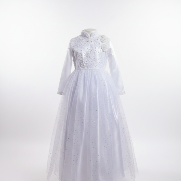 Elegant white burial gown for women with matching lace gloves and a bridal veil on a professional display.