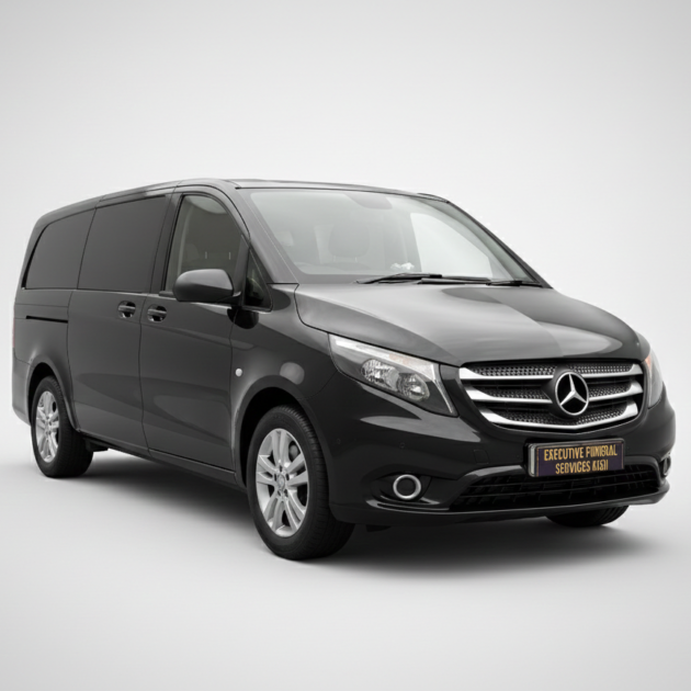 Black Mercedes Vito funeral van with tinted windows, sliding door and interior space for a casket and four passengers.