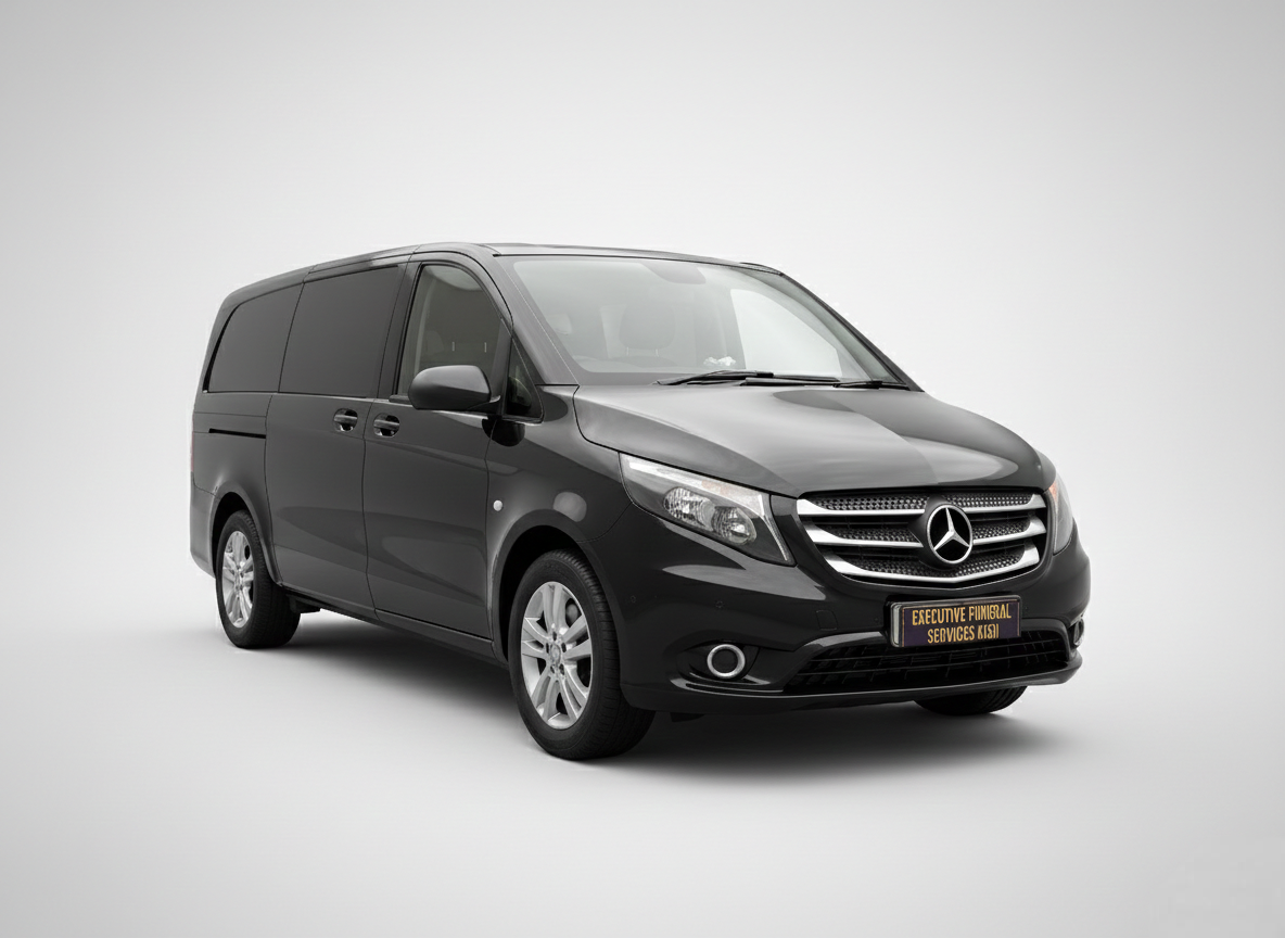 Black Mercedes Vito funeral van with tinted windows, sliding door and interior space for a casket and four passengers.