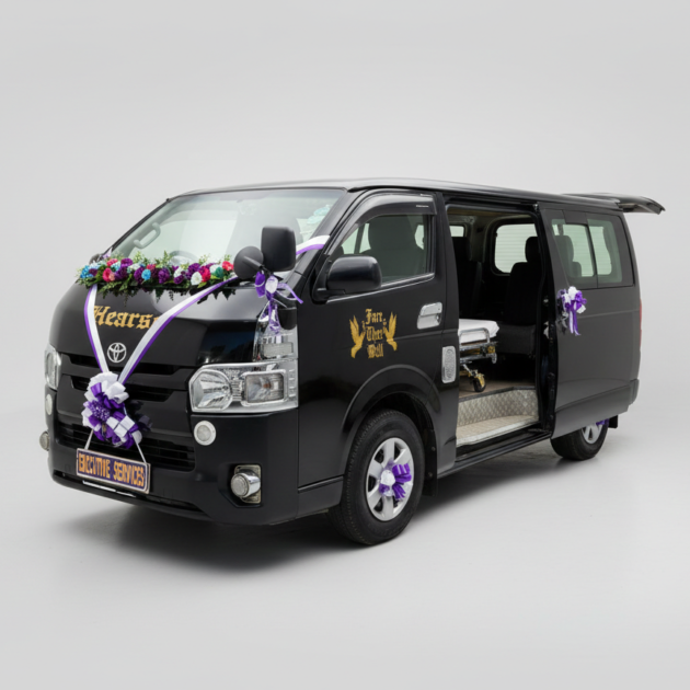 Side view of a polished black Toyota Hiace hearse with purple floral decorations and Rest Executive Funeral Services branding.