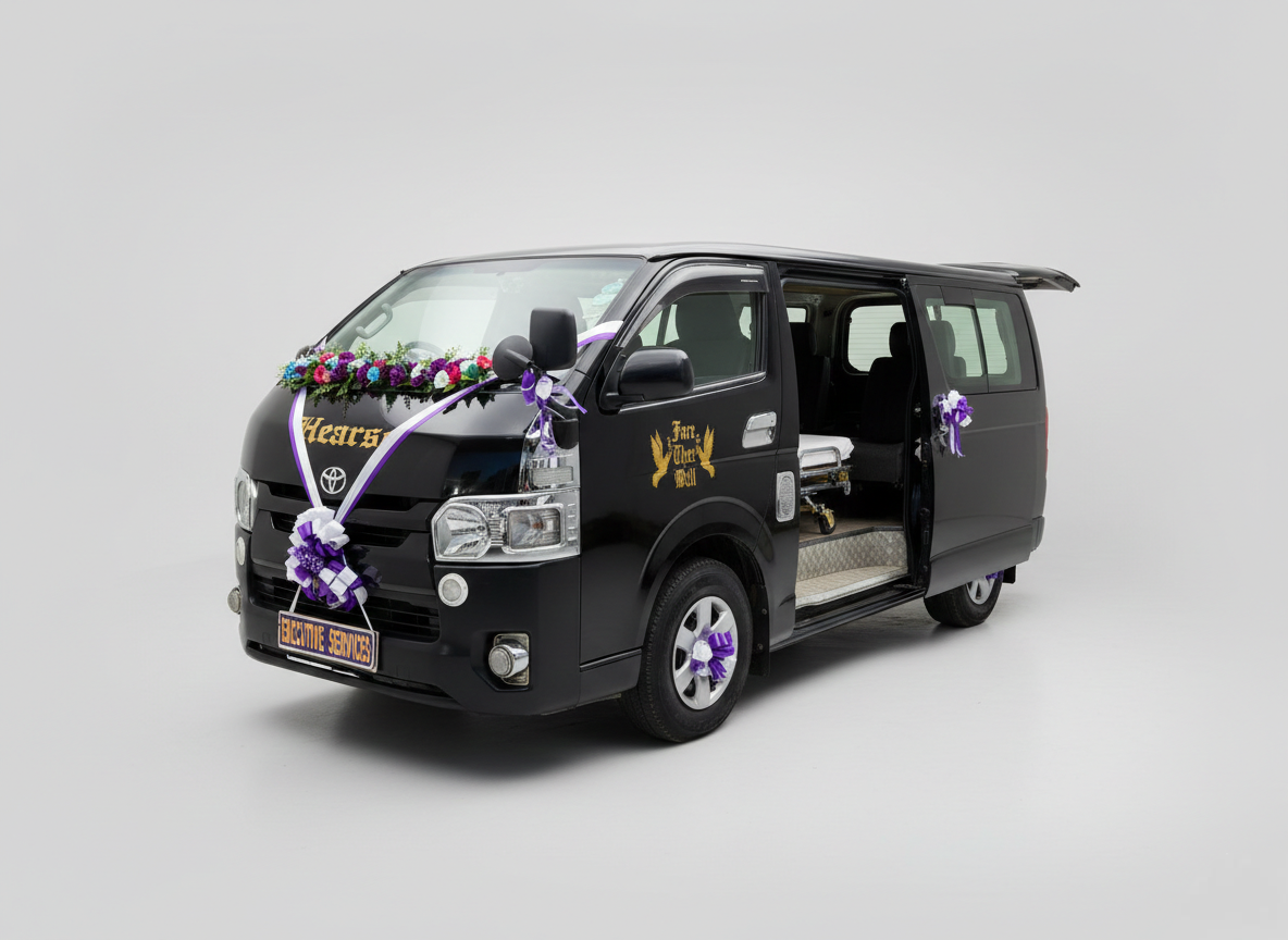 Side view of a polished black Toyota Hiace hearse with purple floral decorations and Rest Executive Funeral Services branding.