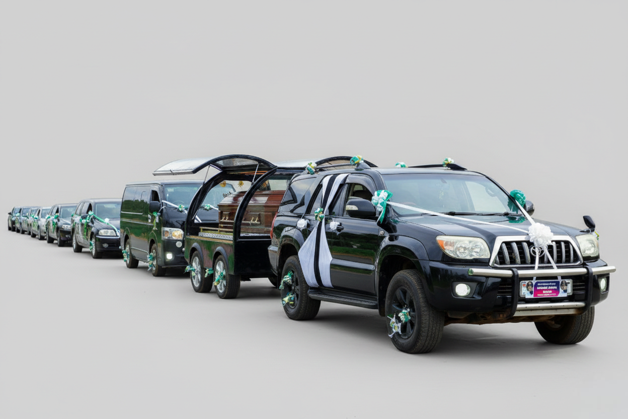 Black Executive SUV towing a full glass funeral chariot with three-way opening wings and luminous interior lighting