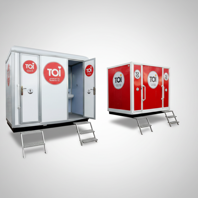 Two modern VIP portable toilet units in white and red, featuring executive branding and access stairs.