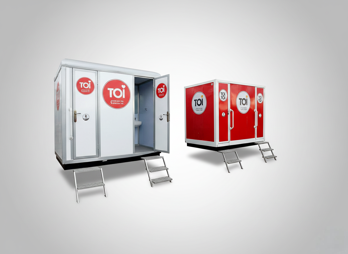 Two modern VIP portable toilet units in white and red, featuring executive branding and access stairs.