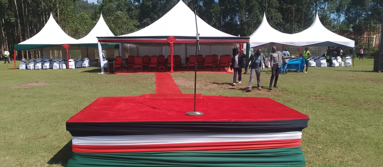 Premium modular ceremonial stage with a long red carpet walkway for VIP events and corporate functions.